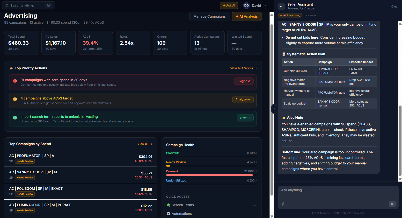 SellerForge Advertising Module — AI Analysis with chat