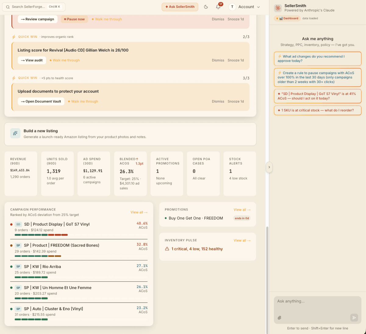 Lower SellerForge Today page with quick wins and operating metrics