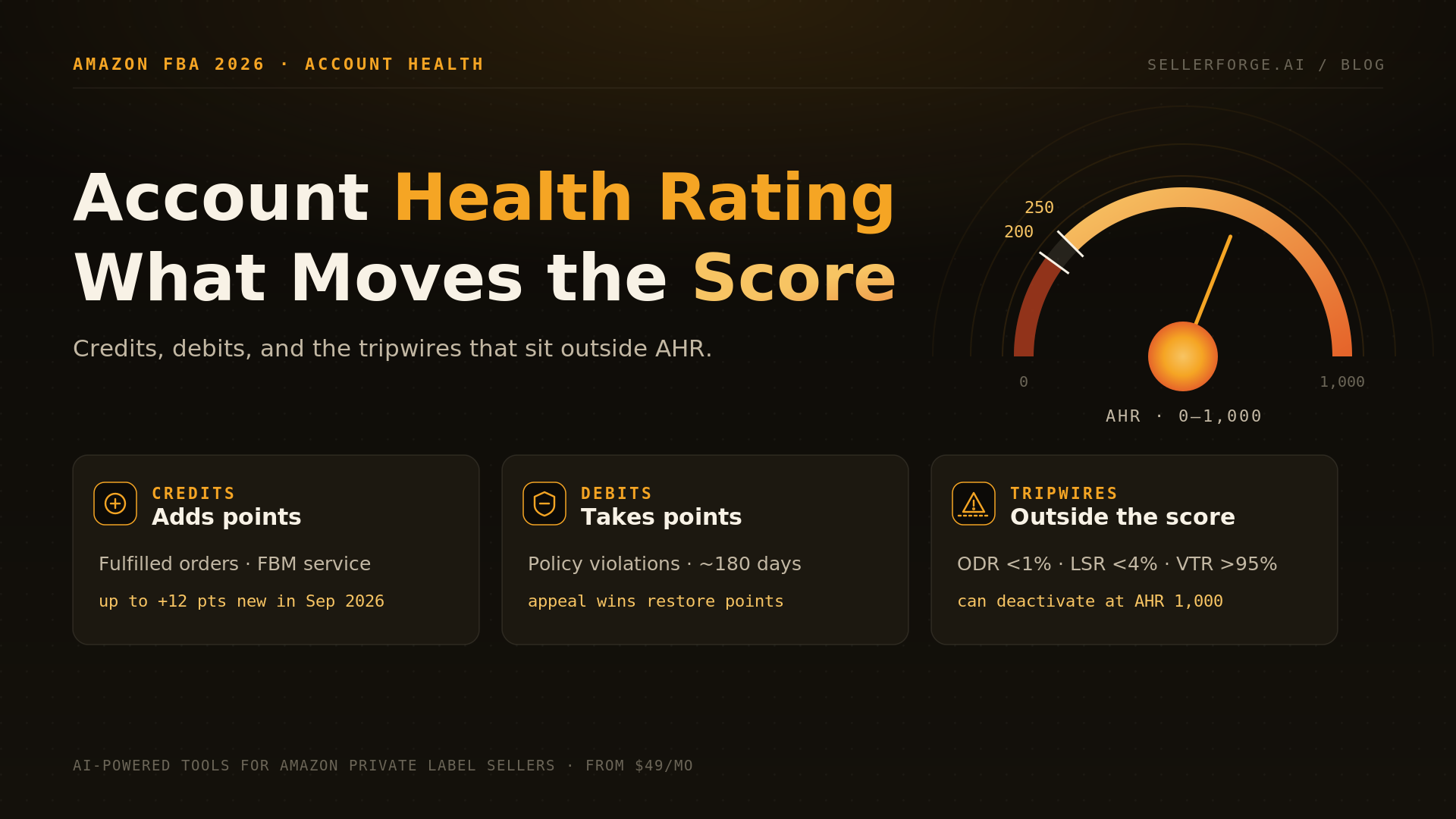 Amazon Account Health Rating explained: the Credit–Debit–Tripwire Map showing what adds points, what deducts them, and the metrics outside the score