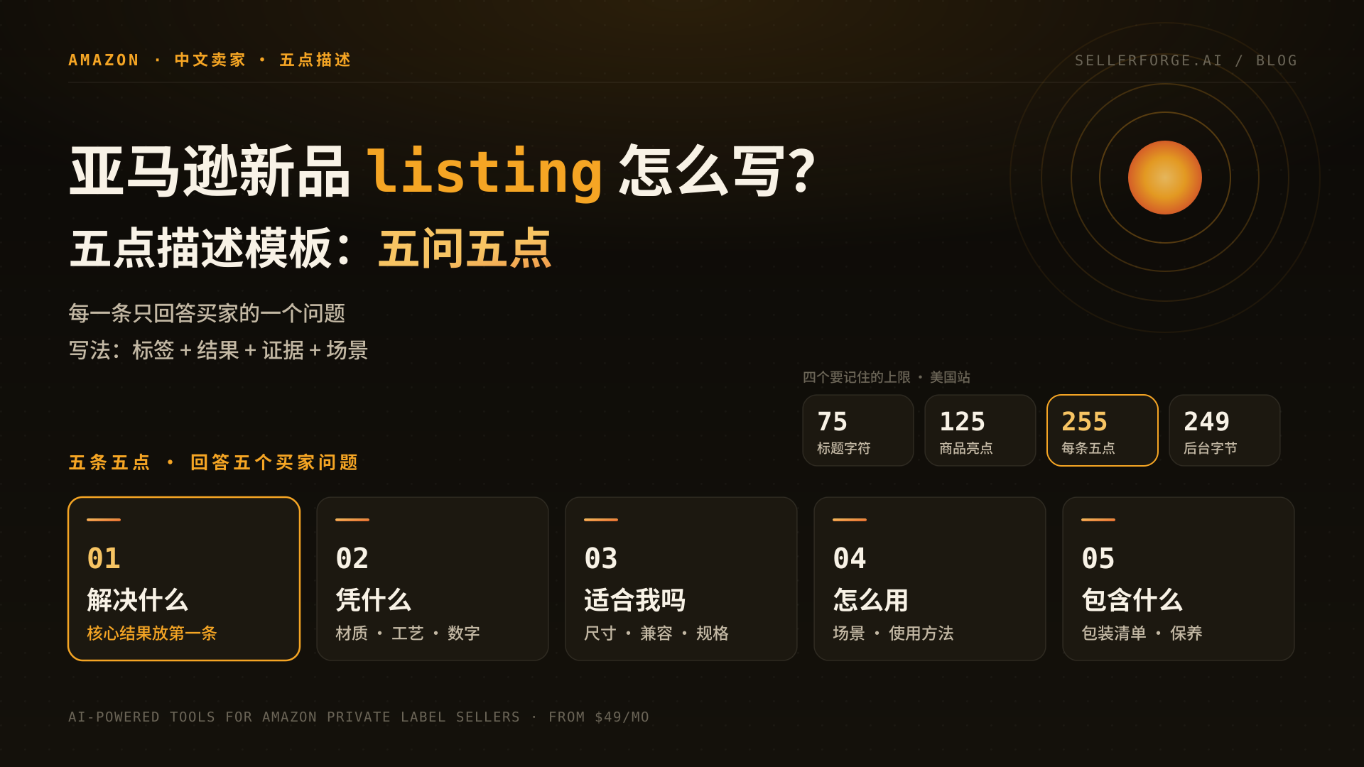 亚马逊新品 listing 怎么写:五点描述模板「五问五点」—— 五条五点分别回答解决什么、凭什么、适合我吗、怎么用、包含什么