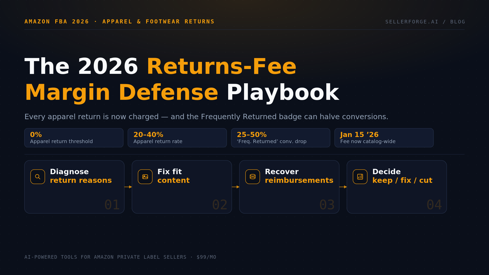 Amazon 2026 returns margin defense diagram showing the returns processing fee, the Frequently Returned Item badge, return-reason triage, and per-SKU contribution-margin decision for apparel and footwear sellers