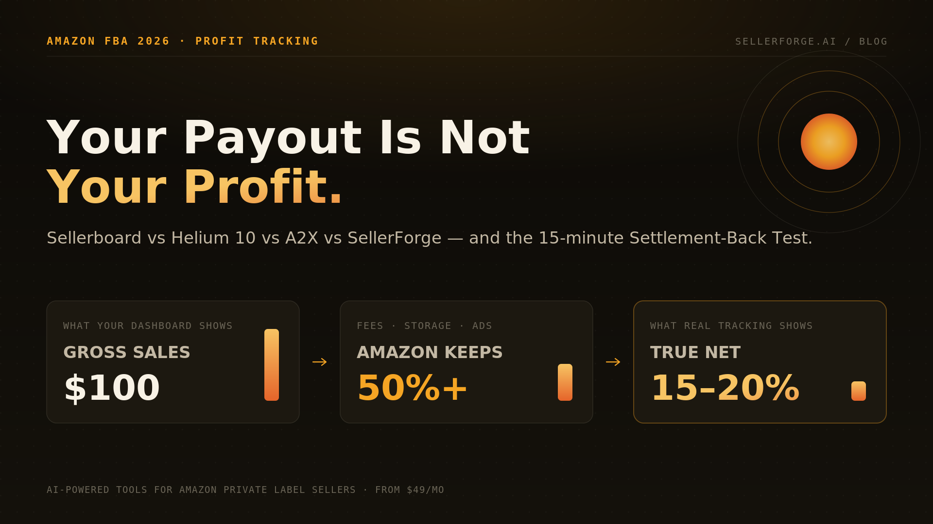 Comparison of the best Amazon profit tracking software for FBA sellers in 2026, showing the Settlement-Back Test flow from gross sales through Amazon fees to true per-ASIN net profit