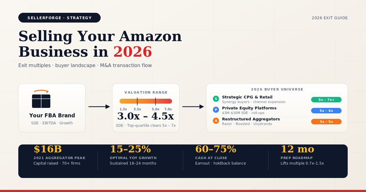 Amazon FBA business sale process showing exit multiples, buyer types, and M&A transaction flow in 2026