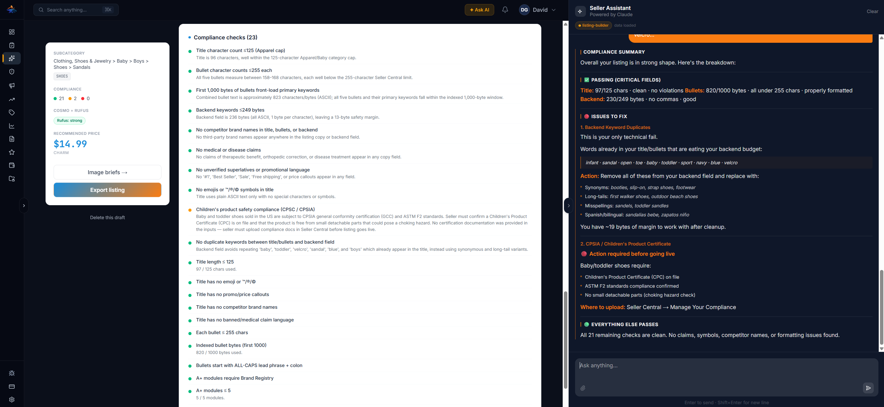 Compliance checks panel in Listing Builder — 23 automated checks (title char count, byte budget, banned superlatives, CPSC/CPSIA, etc.) paired with the Seller Assistant's compliance summary showing what passes, what needs fixing, and where to upload supporting documentation