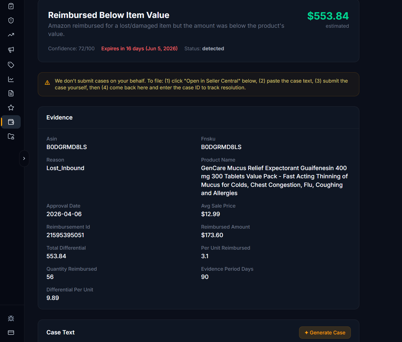 SellerForge reimbursement claim detail — evidence bundle and case text